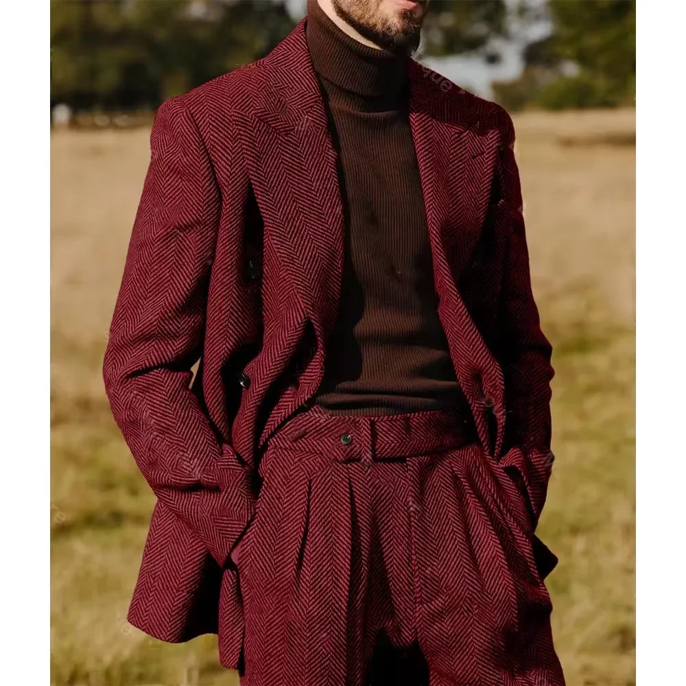 Herringbone Men's Suit 2 Pieces Set Fashion Lapel Double Breasted Tuxedos Groom Blazer Pants Party Business Tailored Hot Sell