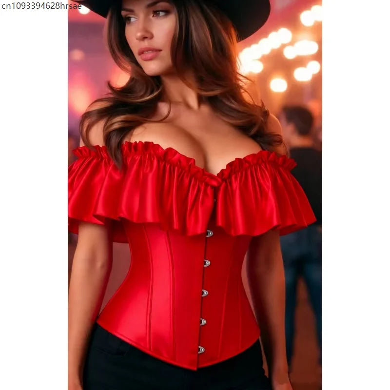 Sexy Off Shoulder Ruffled Red Corset Lace-up Top Women's Victorian Black Vintage Waist Underbust Cincher Party Outfits