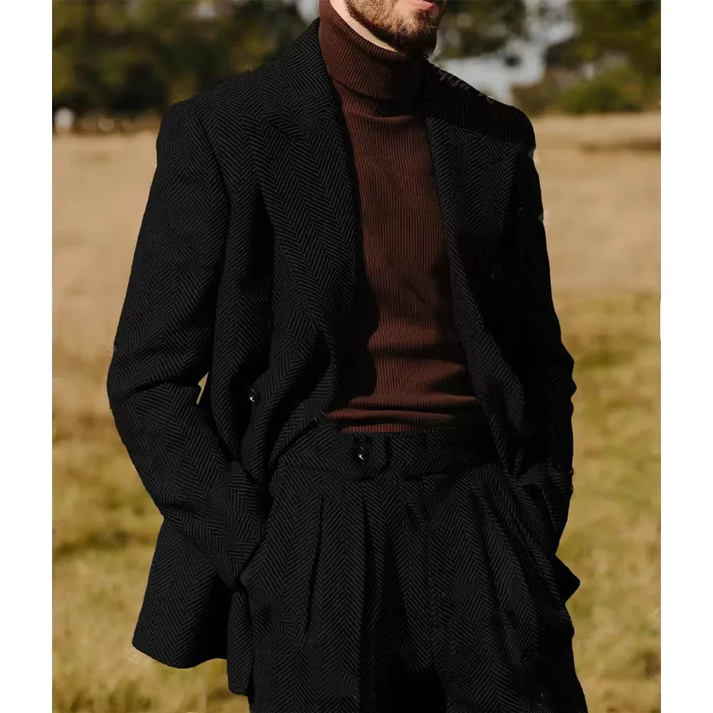 Herringbone Men's Suit 2 Pieces Set Fashion Lapel Double Breasted Tuxedos Groom Blazer Pants Party Business Tailored Hot Sell