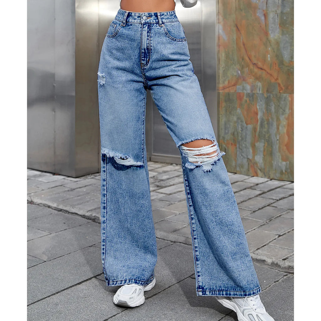 Autumn New Women's Fashion Ripped High Waist Wide Leg Casual Jeans Boyfriend Jeans for Women