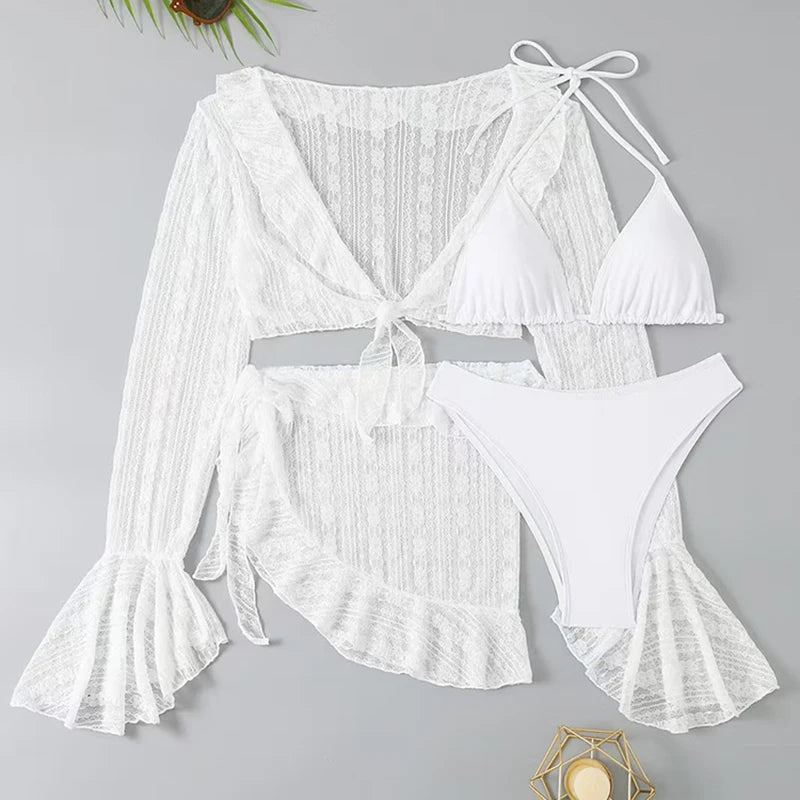 Sexy Four-piece Women Swimsuit Long-sleeve Cover-up Swimwear Summer Solid Bikini Set Brazilian Beachwear Party bathing suit