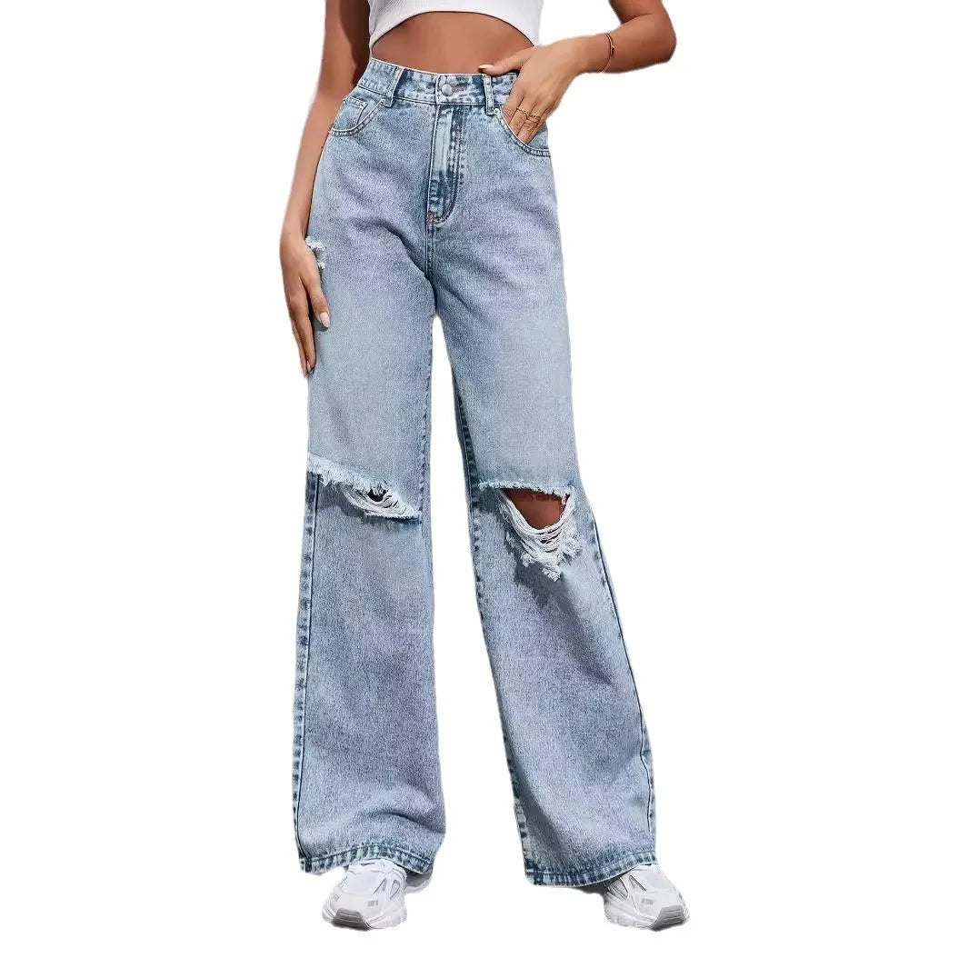 Autumn New Women's Fashion Ripped High Waist Wide Leg Casual Jeans Boyfriend Jeans for Women