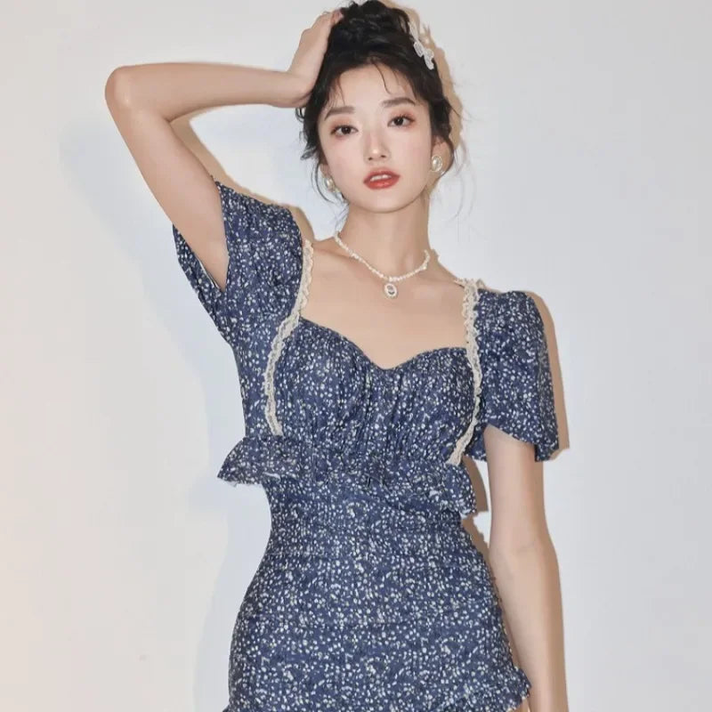 Swimsuit for Women with Pure Desire High-end Feeling Sexy Backless Floral Style Gathered Skirt Style One-piece Beach Swimsuit