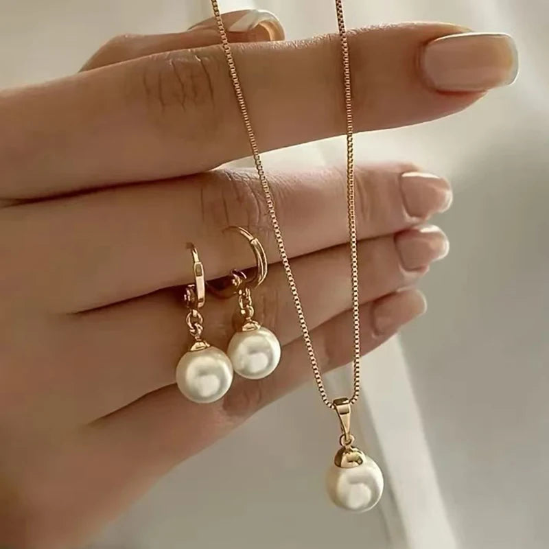 2 Pieces Of Round Pearl Jewelry Set, Earrings, Pendants, Necklaces.