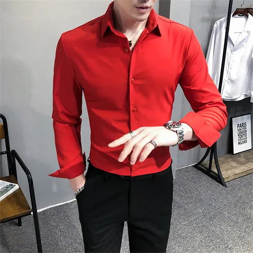 Bright Red Long Sleeve Shirt Men's Fashion Slim Shirts White Blue Gray Men Tops Black Purple Green Dress Camisa Male Chemise