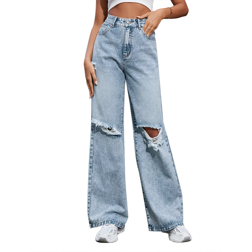 Autumn New Women's Fashion Ripped High Waist Wide Leg Casual Jeans Boyfriend Jeans for Women