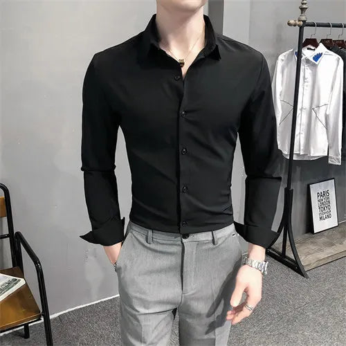 Bright Red Long Sleeve Shirt Men's Fashion Slim Shirts White Blue Gray Men Tops Black Purple Green Dress Camisa Male Chemise