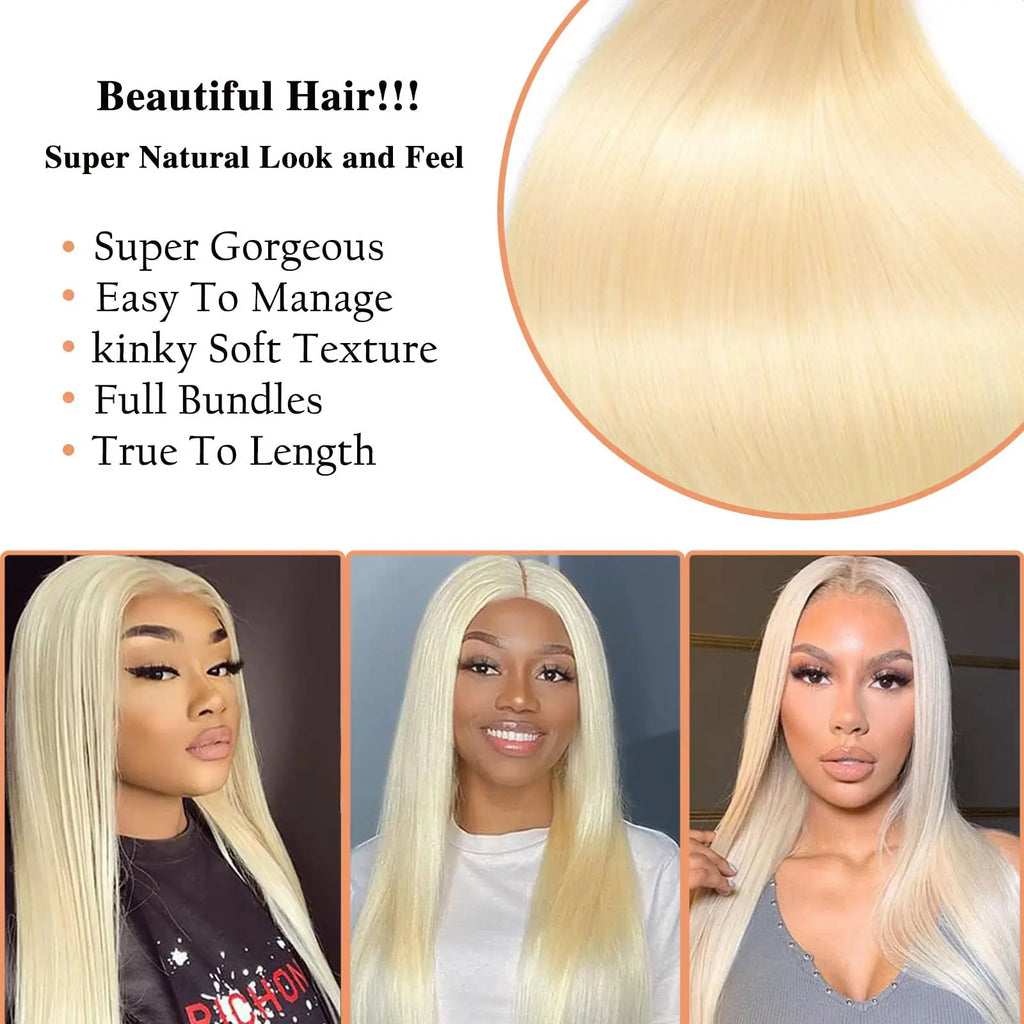 Blonde Human Hair 3 Bundles  Brazilian Straight Hair Bundle Honey Blonde Virgin Bundles Human Hair Extensions Weave 613 Color