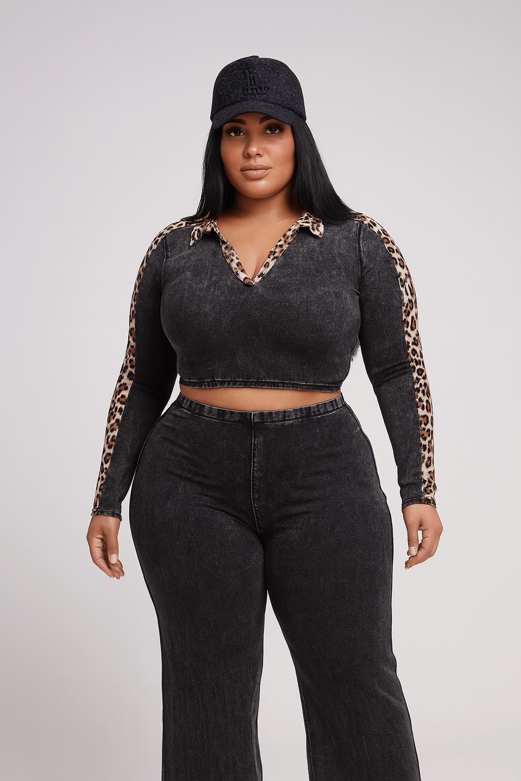 Maya Curvy Mineral Washed Crop Top & Stretch Pull-On Pants Set Leopard Contrast