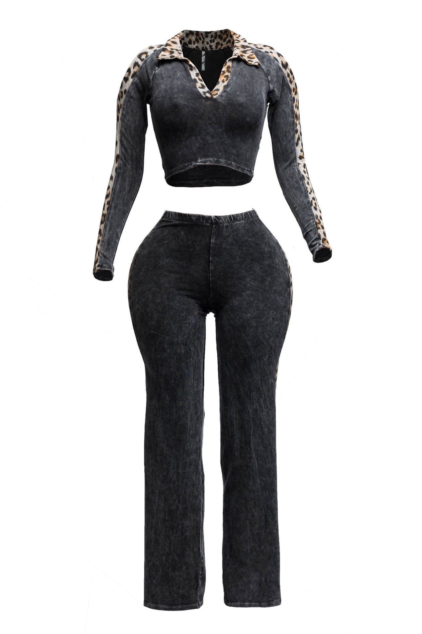Maya Curvy Mineral Washed Crop Top & Stretch Pull-On Pants Set Leopard Contrast