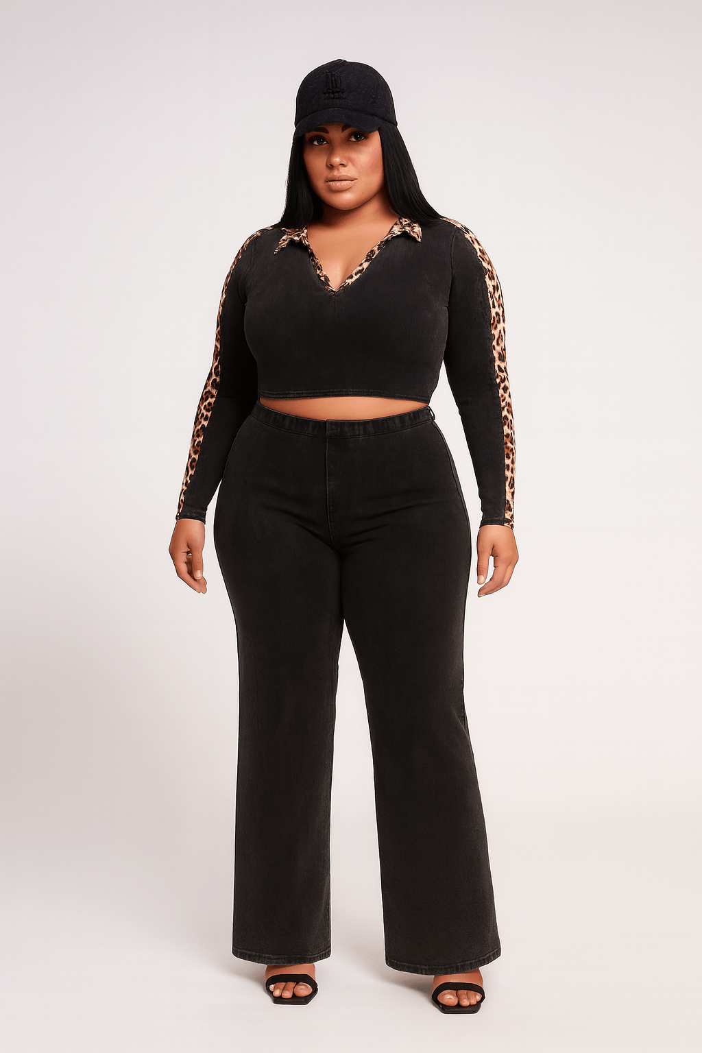 Maya Curvy Mineral Washed Crop Top & Stretch Pull-On Pants Set Leopard Contrast